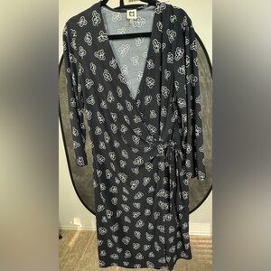 Anne Klein Black White Floral Print Long Sleeve Faux Wrap Dress 16